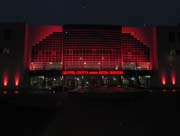 Объемные буквы «Дворец спорта имени Берда Евлоева» - Объемные буквы на фасаде, в сочетании с архитектурной подсветкой. Ночной вид.